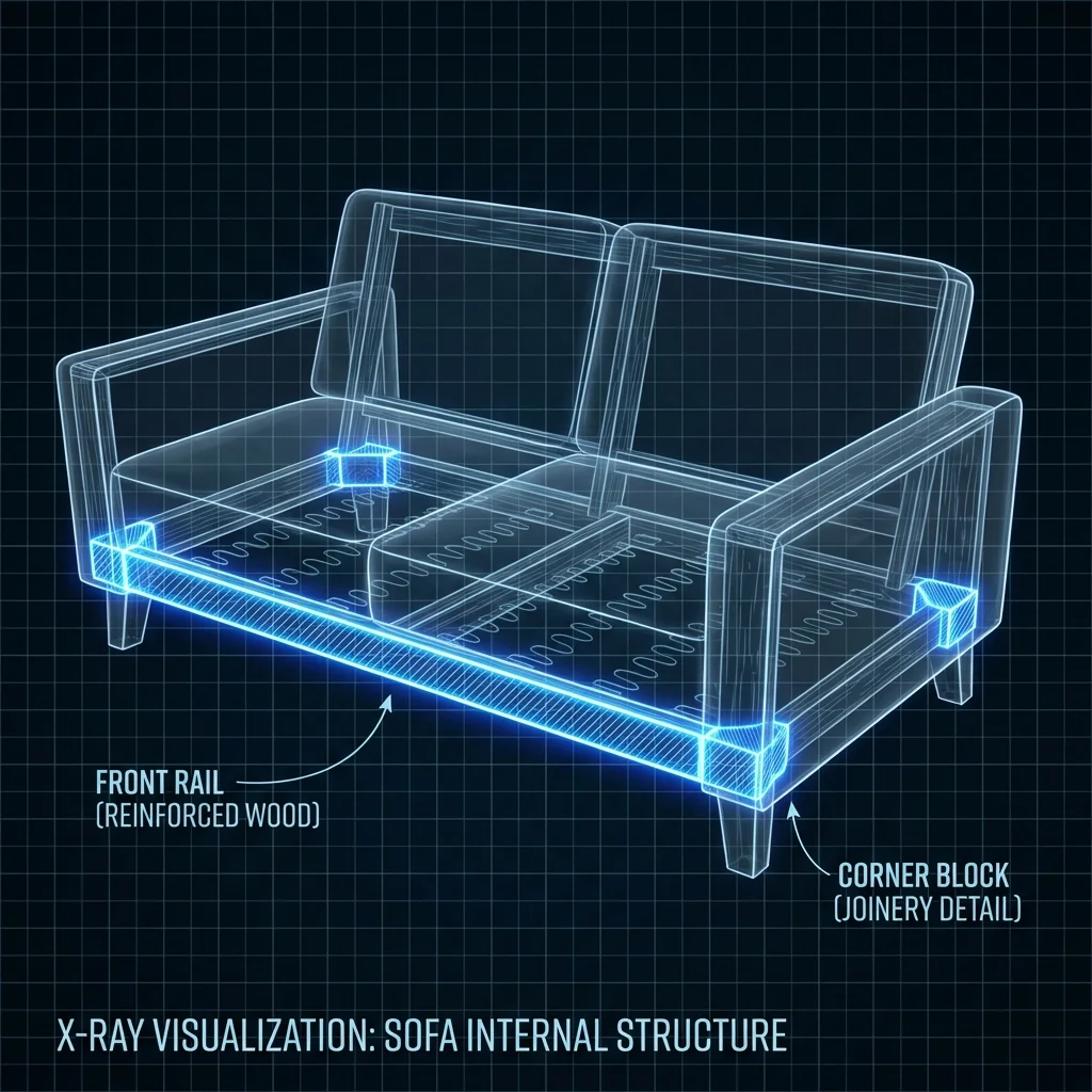 Technical diagram of a sofa frame highlighted with structural keypoints