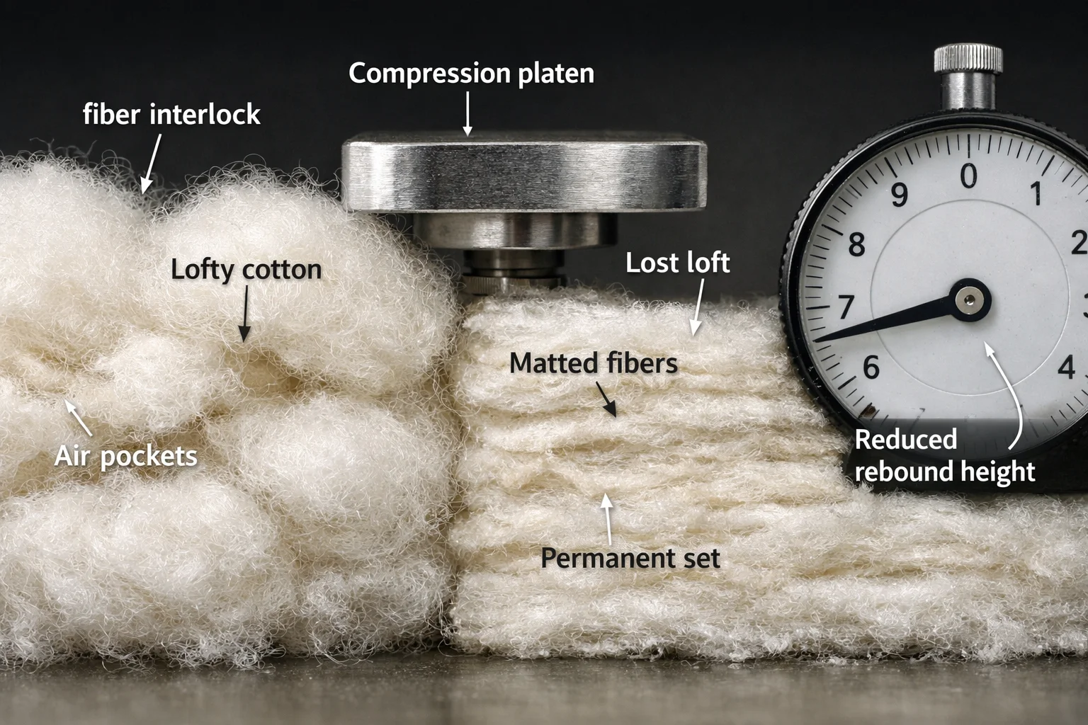 Close-up comparison of cotton batting loft versus permanently compacted fibers after repeated compression