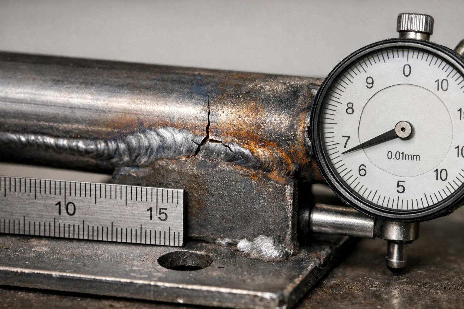 Close-up of a hairline crack forming at a futon frame weld near the center support bar