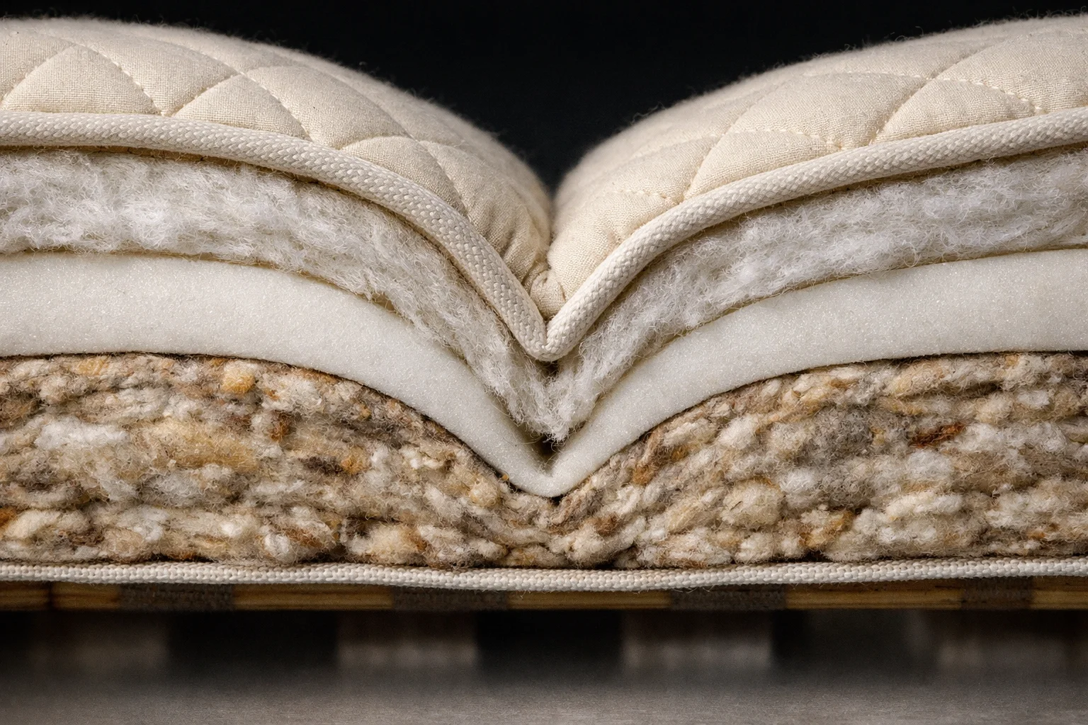 Cutaway of a futon mattress fold zone showing layered materials compressing at the crease