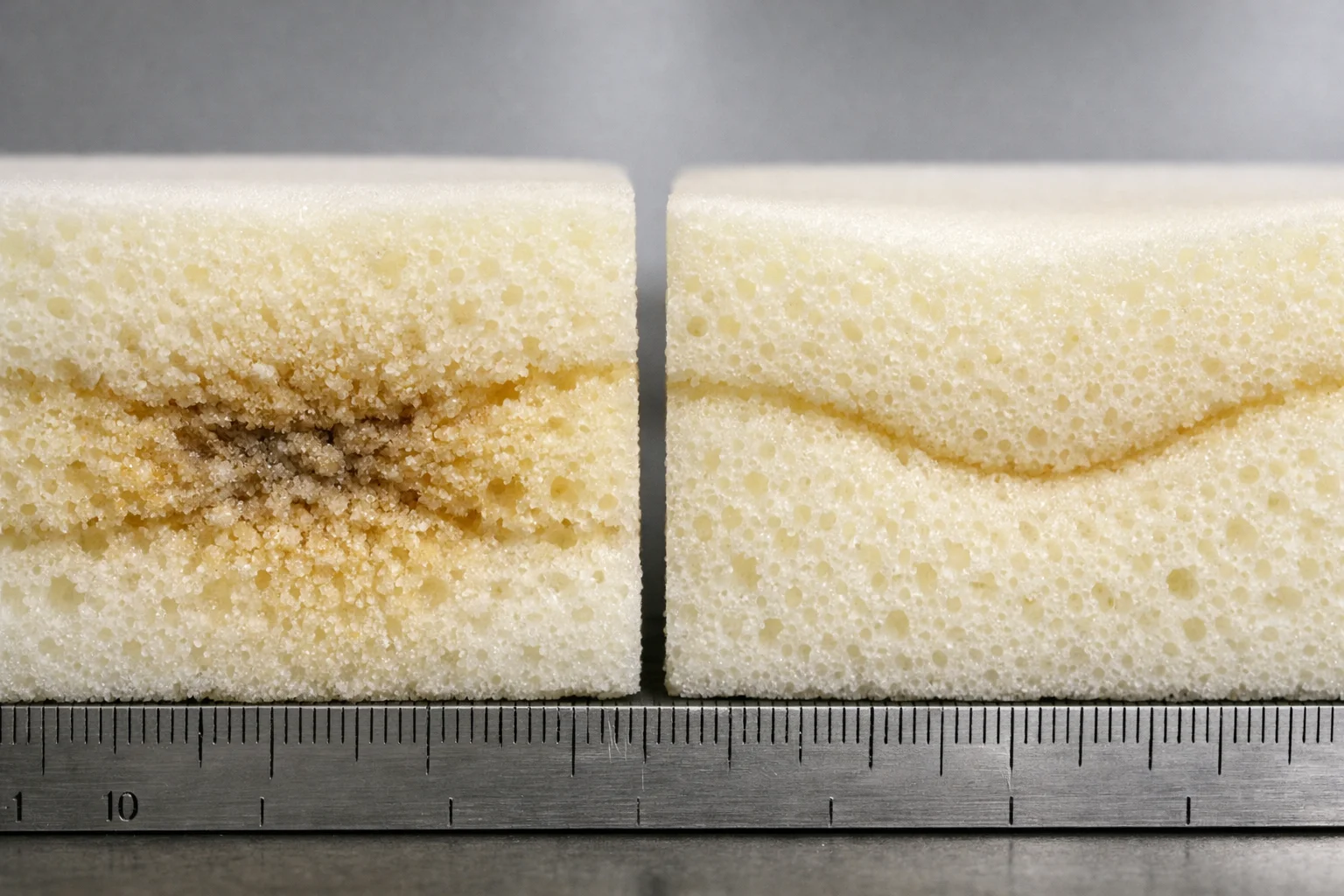 Macro cross-section of foam showing cell collapse and permanent creasing at a repeated fold line versus a gentler bend area