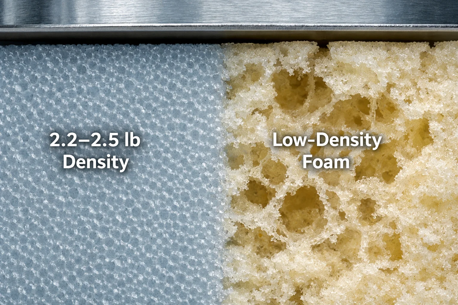 Cross-section of high-density sofa foam versus collapsed low-density foam under compression