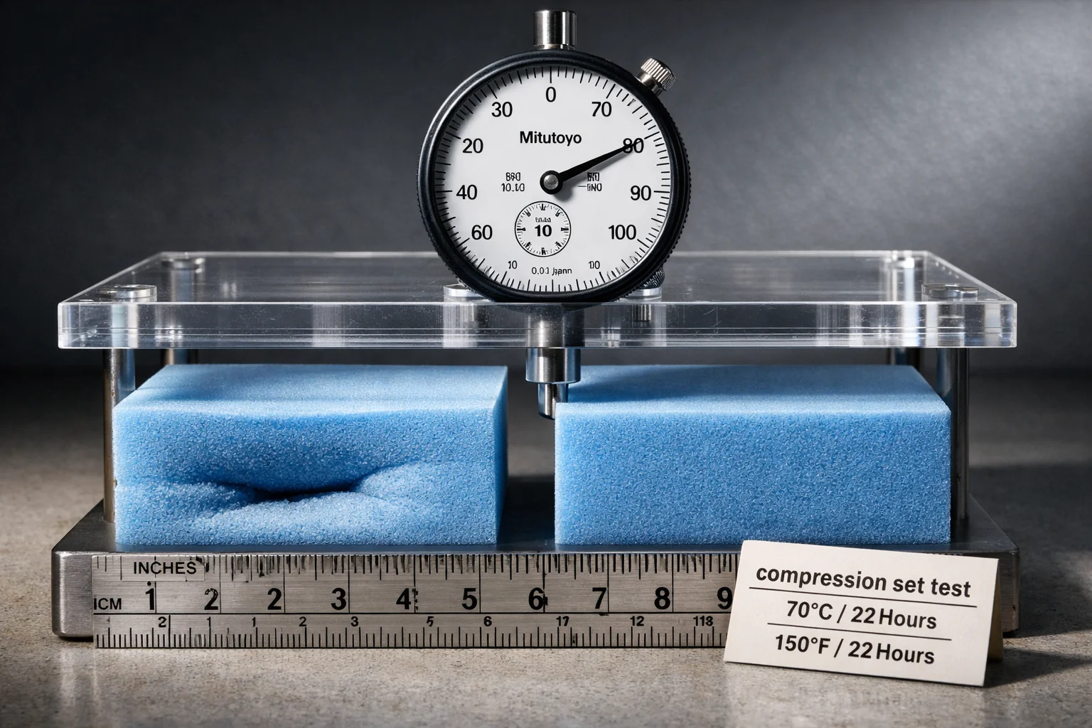Dial-gauge compression test showing one foam sample rebounding while another remains permanently indented