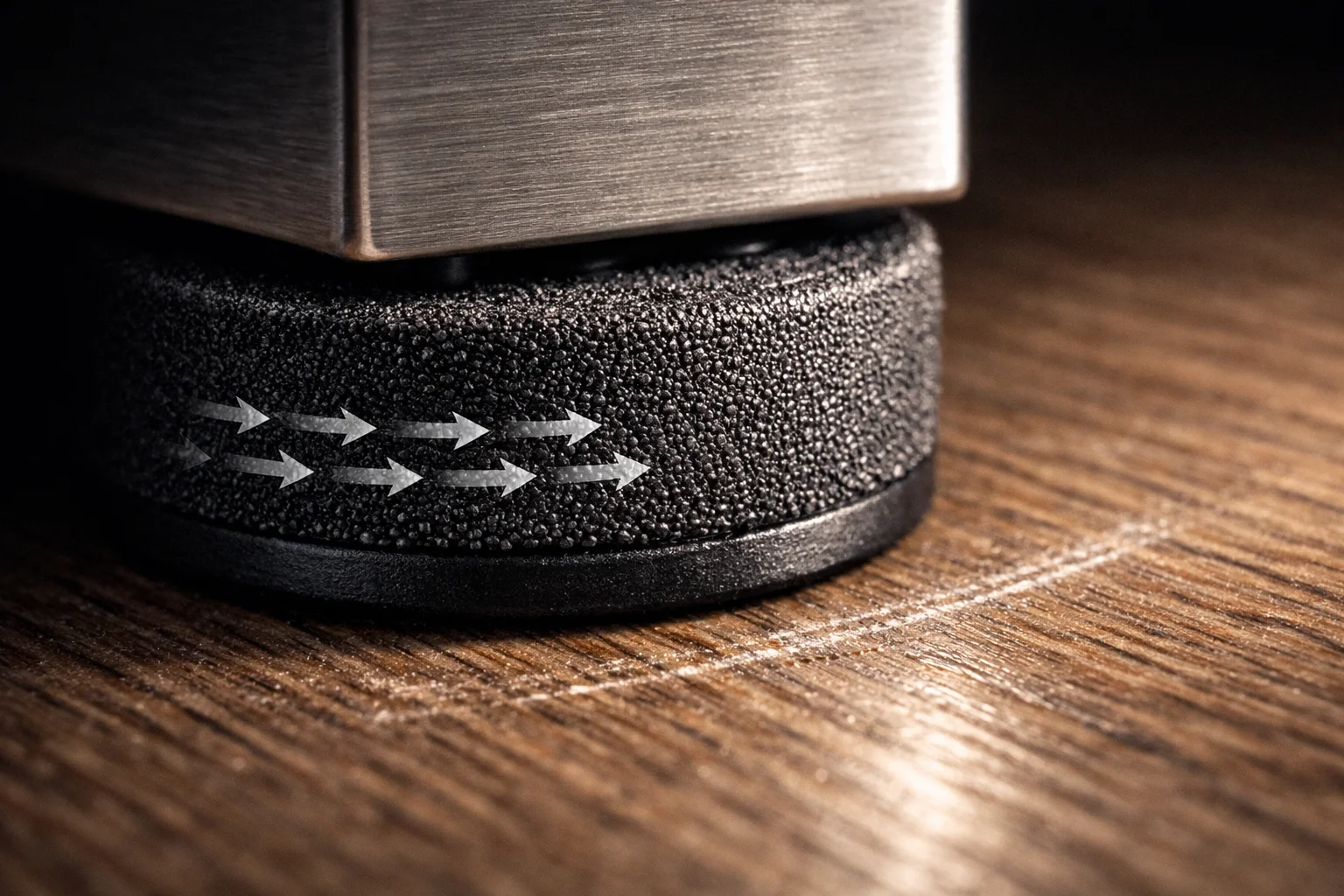 Close-up of a high-friction rubber pad under a lightweight sofa foot gripping the floor to prevent sliding