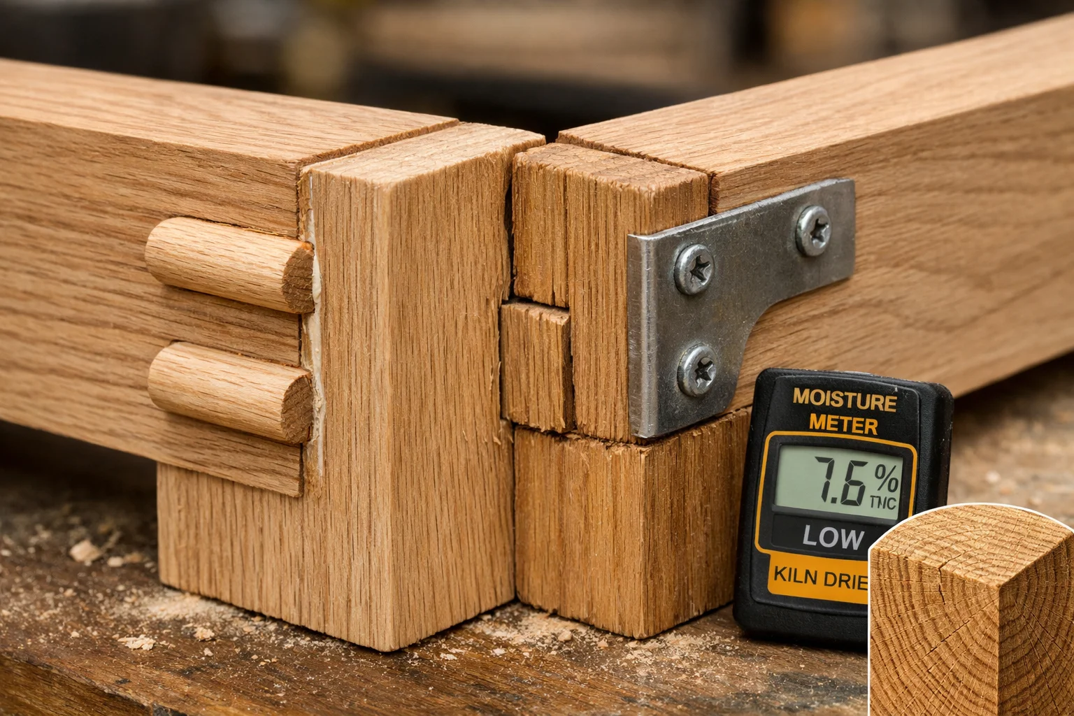 Close-up of a kiln-dried hardwood sofa frame corner joint with mortise-and-tenon, glue line, and reinforcement hardware