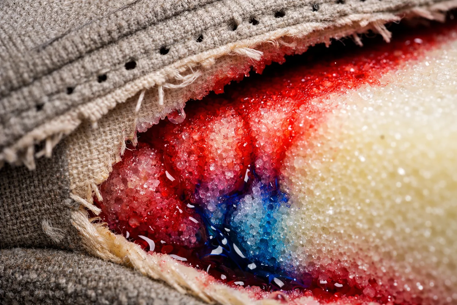 Macro view of liquid seeping through upholstery seam into foam cushion core