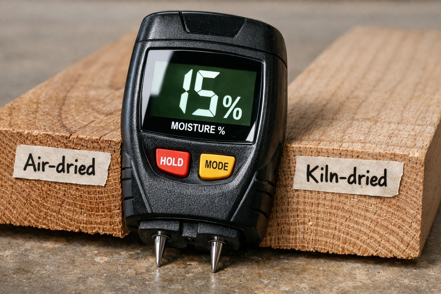 Moisture meter comparing higher-moisture frame lumber to kiln-dried lumber at lower moisture content