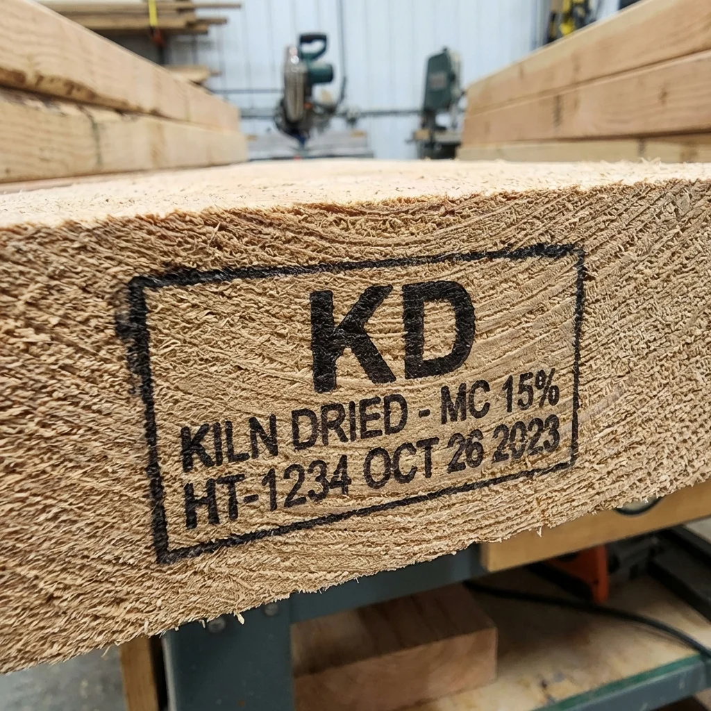 Close up of the KD - Kiln Dried stamp on lumber
