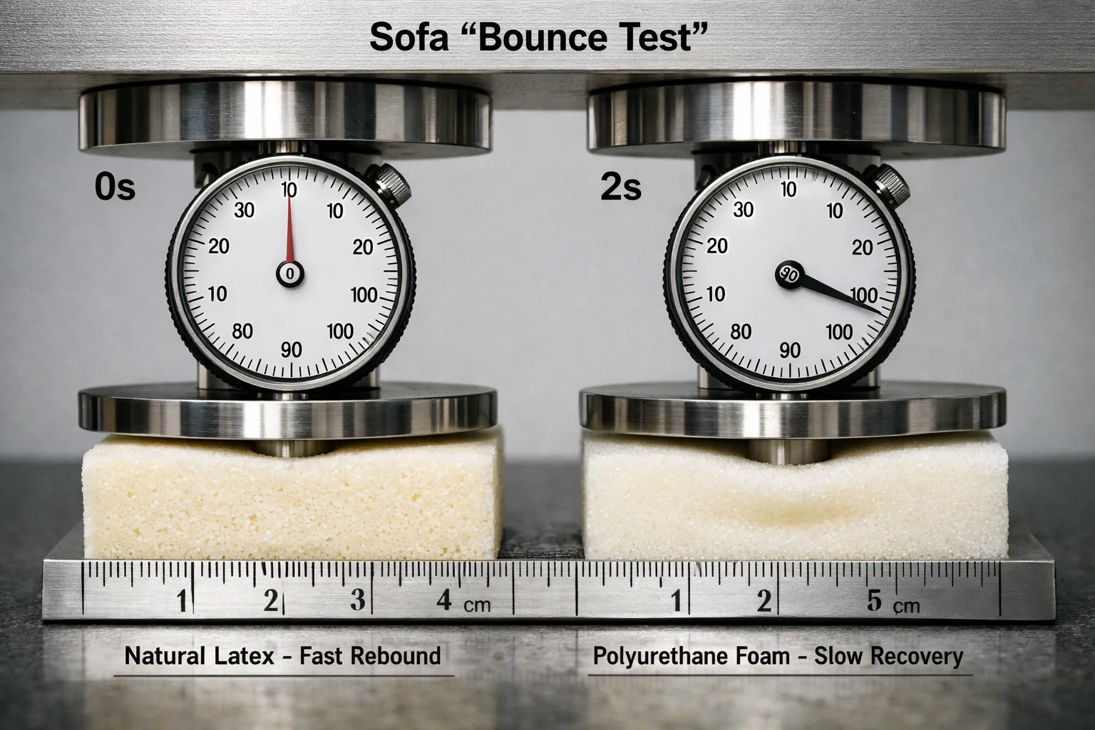 Compression gauge comparison showing fast rebound of latex and slower recovery of polyurethane foam