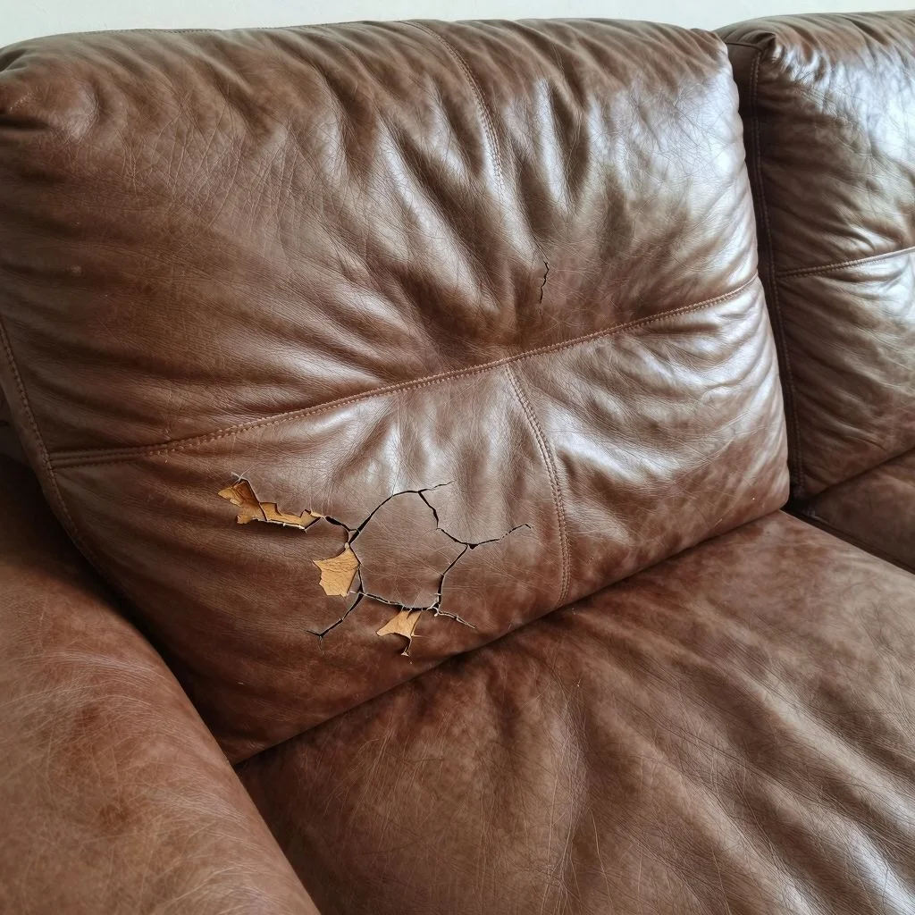 Close-up photo of bonded leather peeling to reveal the fabric backing underneath