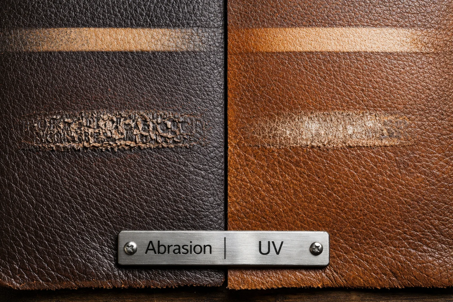 Macro view of abrasion and UV fade tracks comparing corrected top-grain leather to aniline full-grain leather