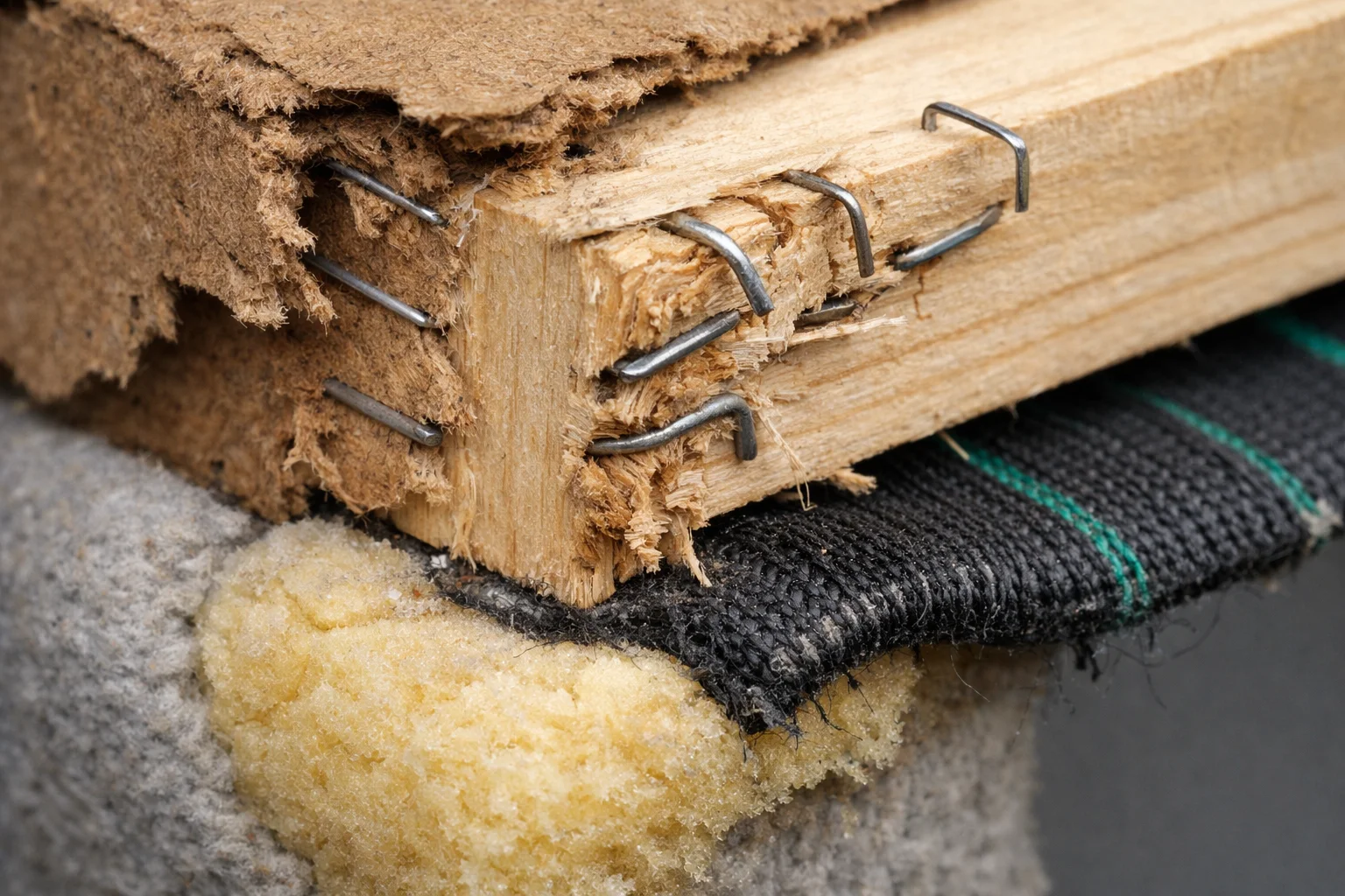Stapled sofa frame and sagging webbing showing early structural failure