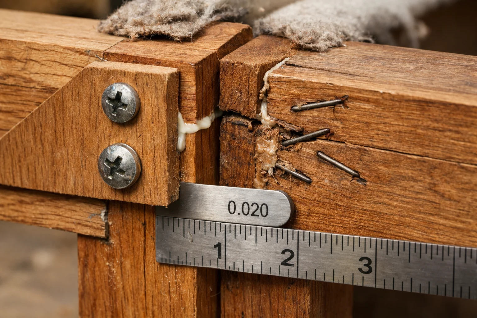 Close-up of sofa frame joinery showing a solid corner block joint versus a loosening stapled joint