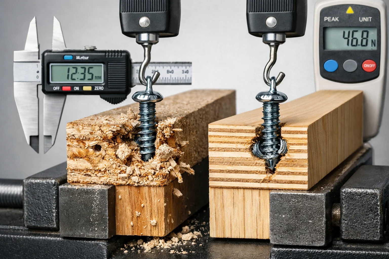 Close-up comparison of screw pull-out in particleboard versus plywood frame material