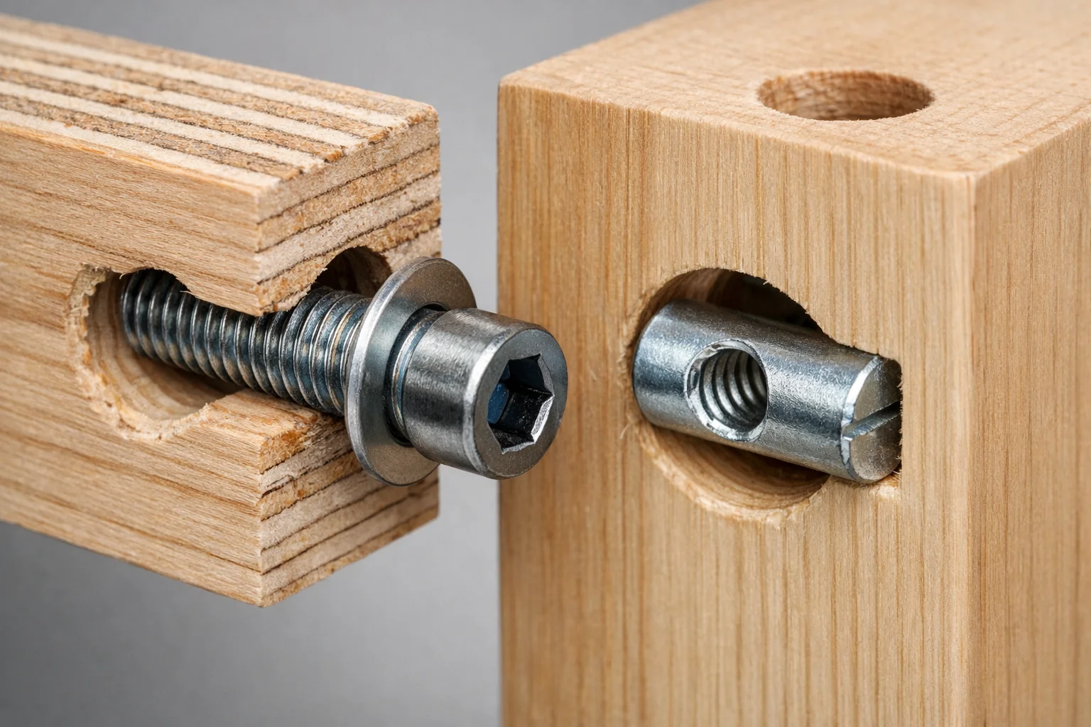 Exploded macro of a knock-down sofa frame joint with bolt and cross-dowel hardware in plywood rails