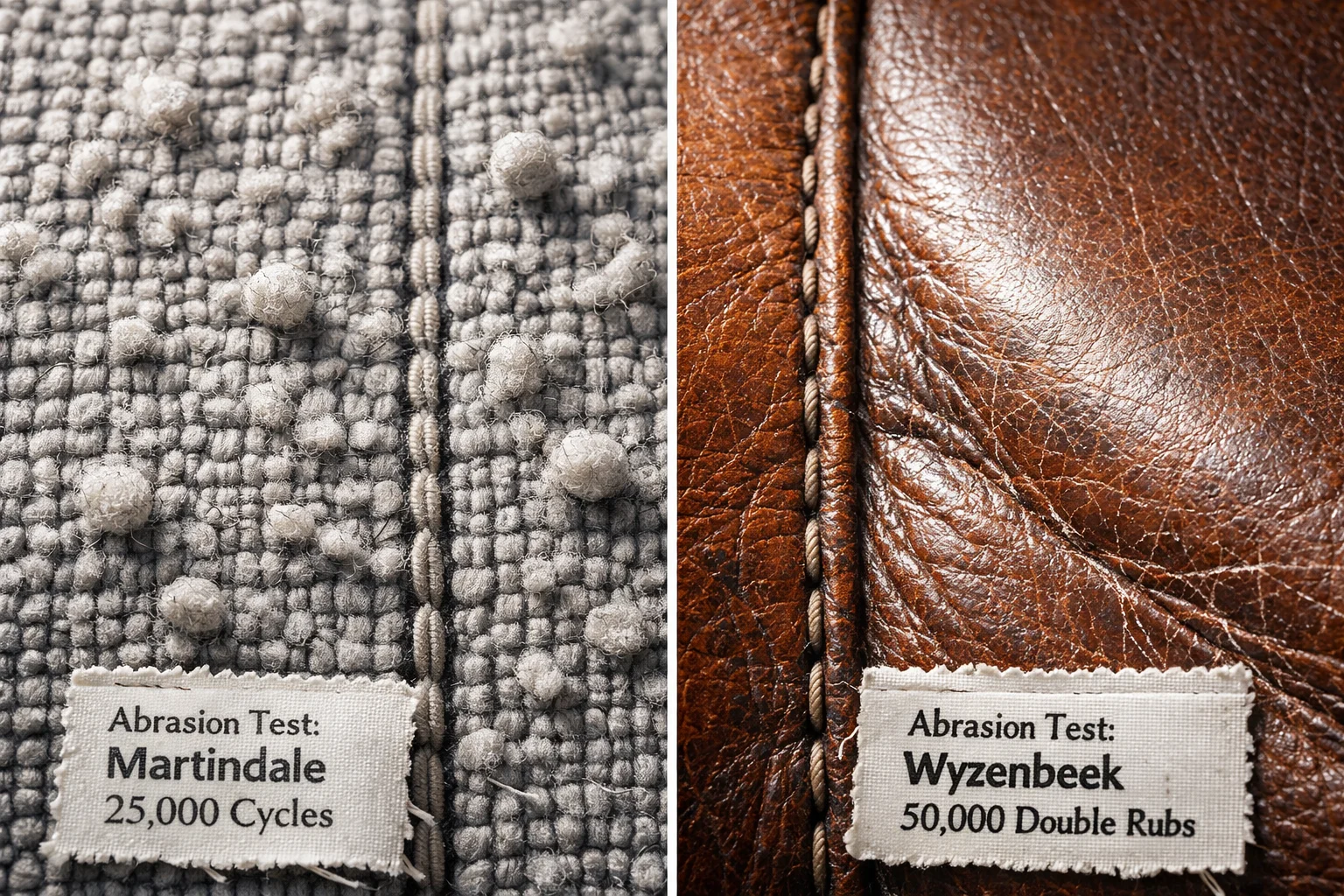 Close-up of fabric pilling beside leather shine and micro-cracking to illustrate common upholstery wear patterns