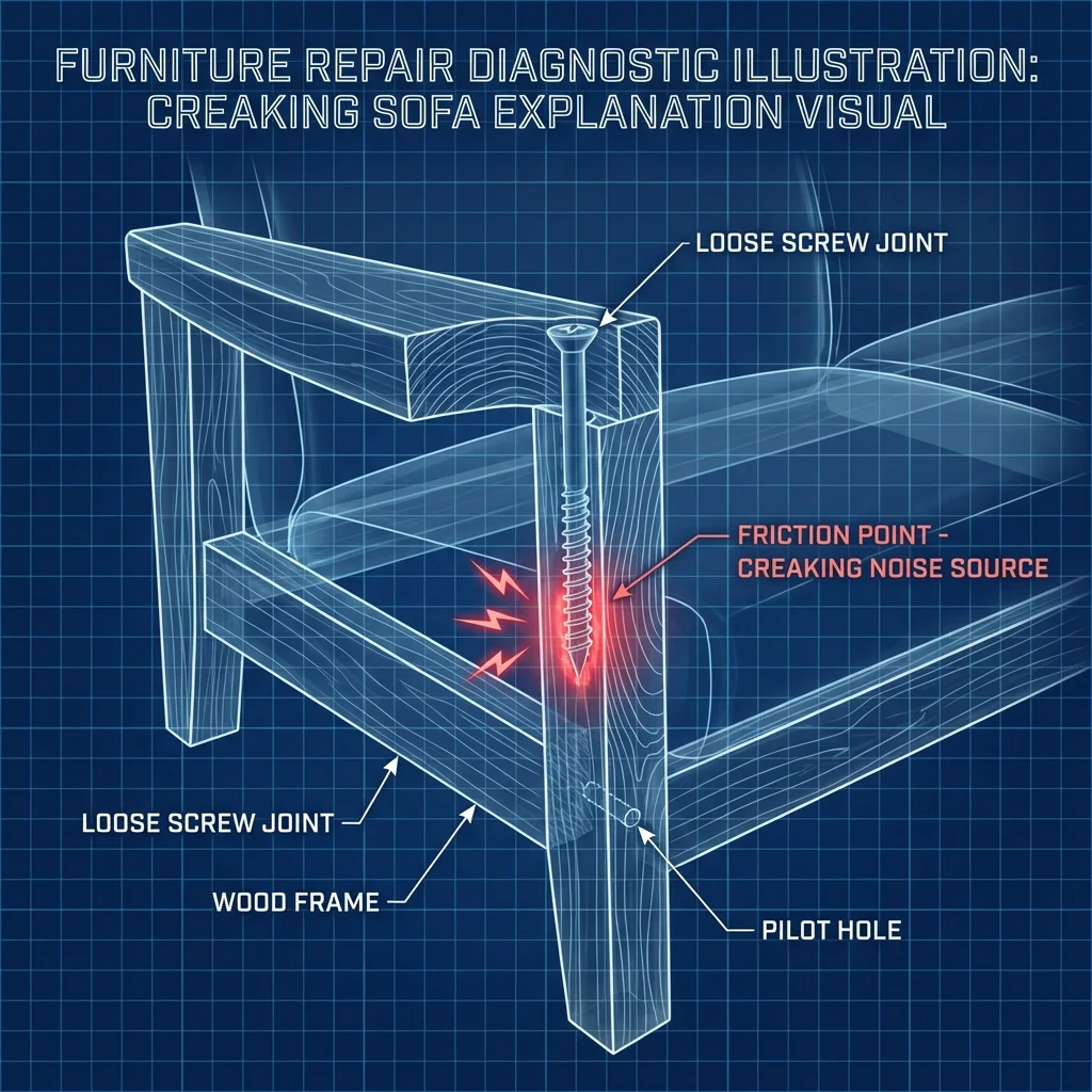 Diagram showing how a loose dowel joint creates friction and noise compared to a tight glued joint