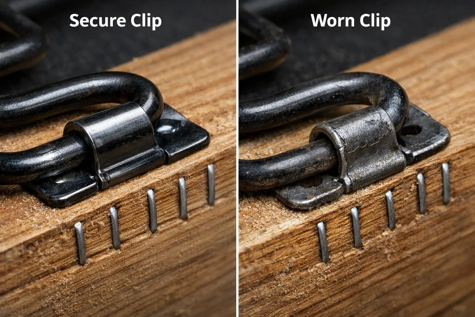 Close-up of zigzag spring and mounting clip showing wear that reduces seat tension