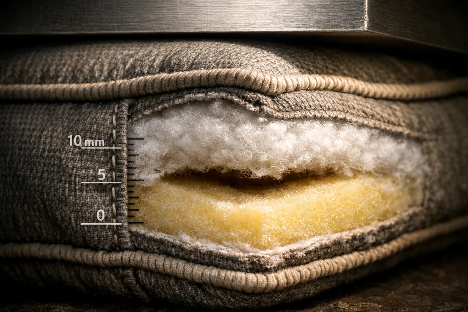 Macro close-up of a cushion seam and corner being compressed, showing edge ballooning and internal wrap over a low-density foam core