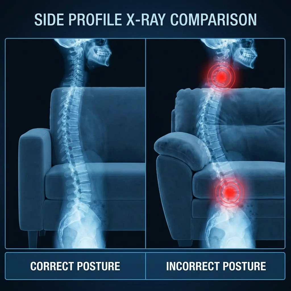 Diagram showing the difference between 'sitting on' vs 'sitting in' a sofa