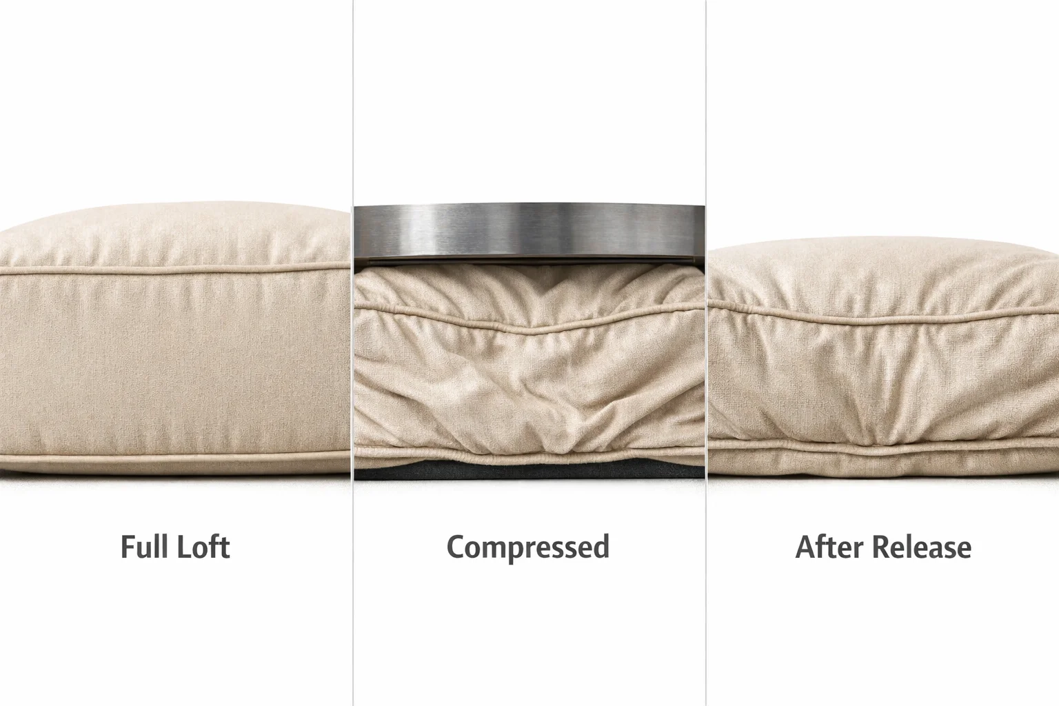 Triptych showing a cushion that looks full when unloaded but collapses instantly under a mechanical press and rebounds cosmetically
