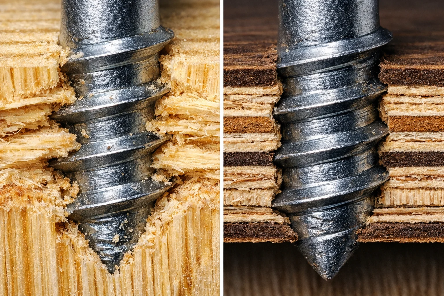 Macro view of screw withdrawal damage in pine compared to hardwood laminate