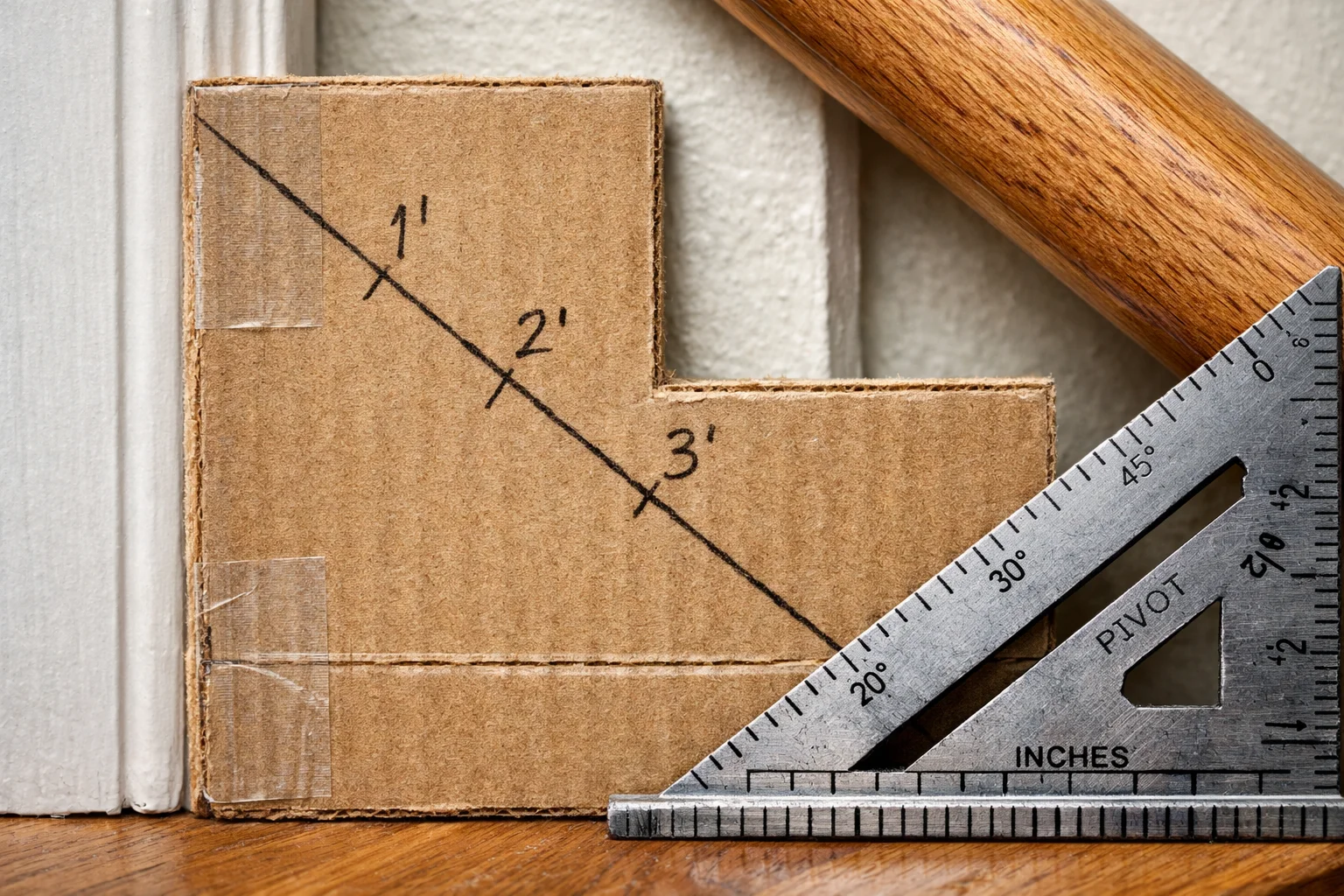 Macro close-up of a door-jamb corner template with a marked diagonal clearance line and measurement ticks