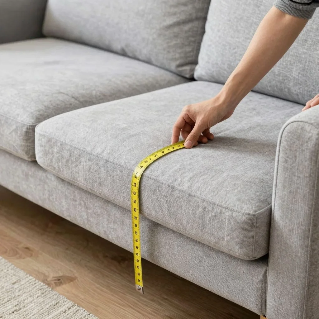 Cardboard boxes taped together in a living room to represent a sofa dimensions