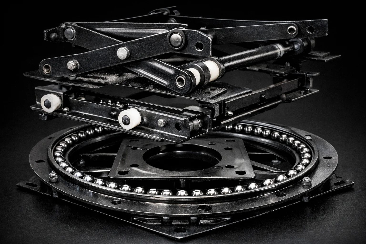 Exploded macro of a swivel-glider base showing ball-bearing swivel, glider track rollers, and scissor-linkage wear points