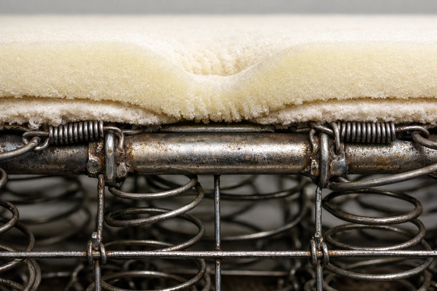 Cutaway view of a crossbar cage sleeper frame showing the lumbar bar beneath a thin mattress layer