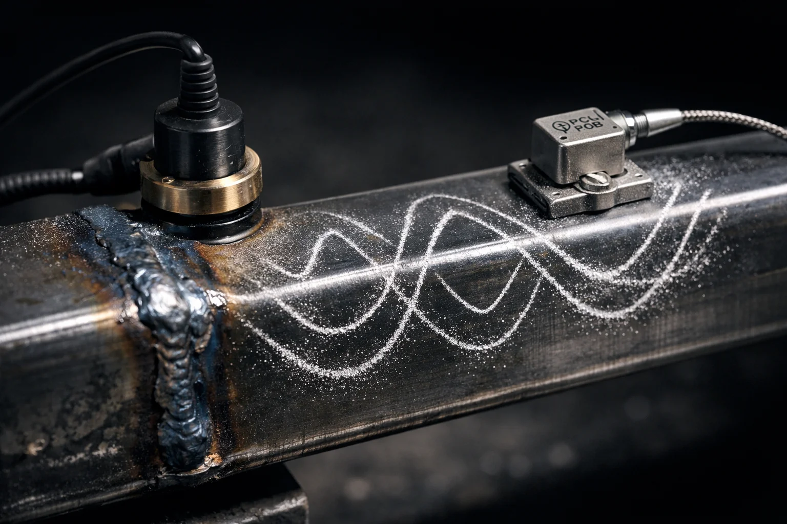 Close-up of a welded steel sofa frame transmitting vibration during impact testing