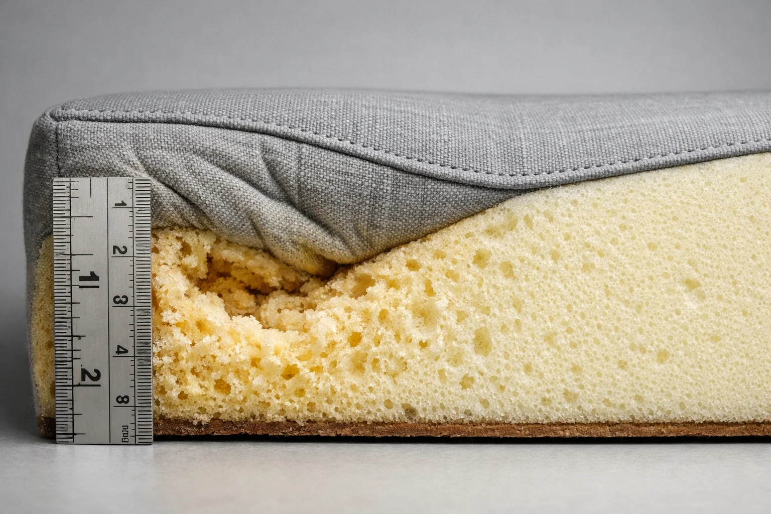 Macro cross-section of a bench seat cushion showing uneven compression and a tilted seating surface from mismatched user weights