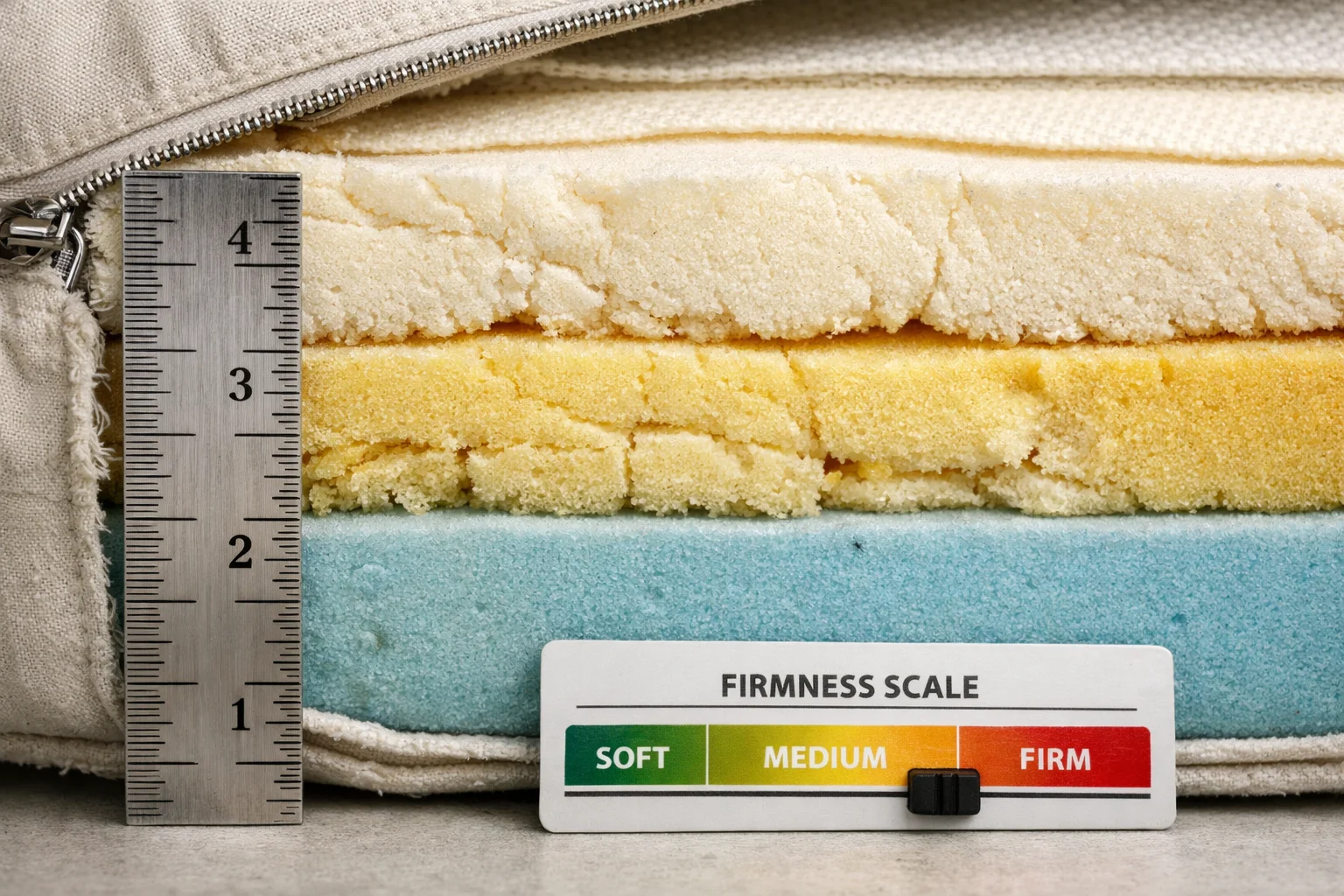 Macro view of a sofa cushion cross-section showing foam layers and compression wear