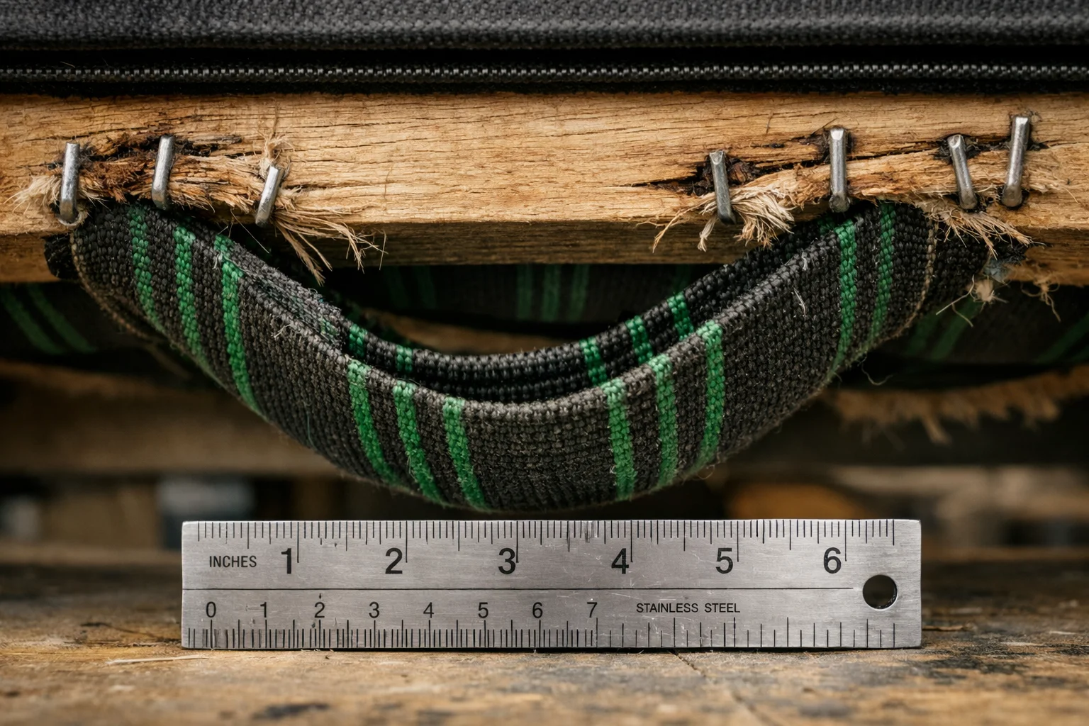 Close-up of sagging elastic webbing under a sofa seat with staples pulling out of the frame