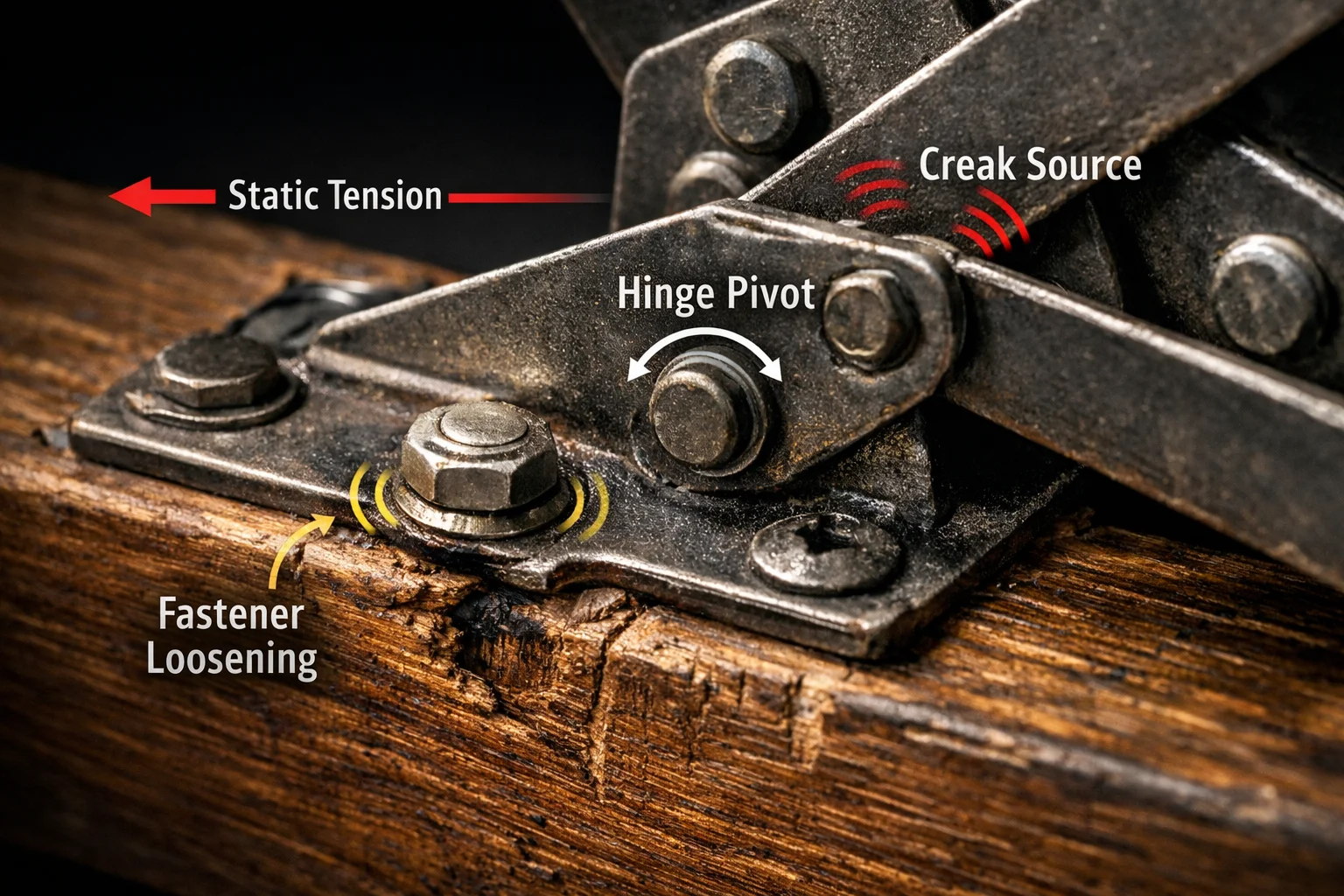 Macro close-up of sleeper sofa hinge hardware showing static tension points and potential loosening