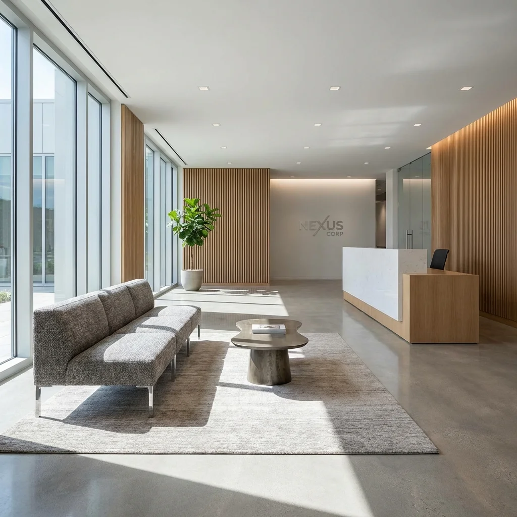 Photo of a minimalist office lobby with low seating