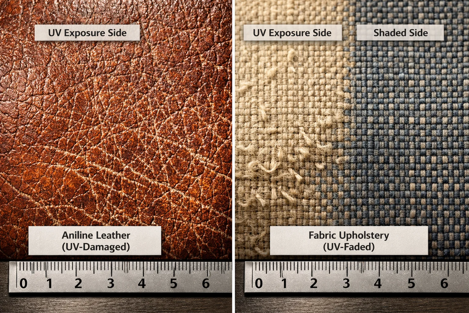 UV damage close-up showing cracked leather and one-sided fabric fading on office upholstery samples