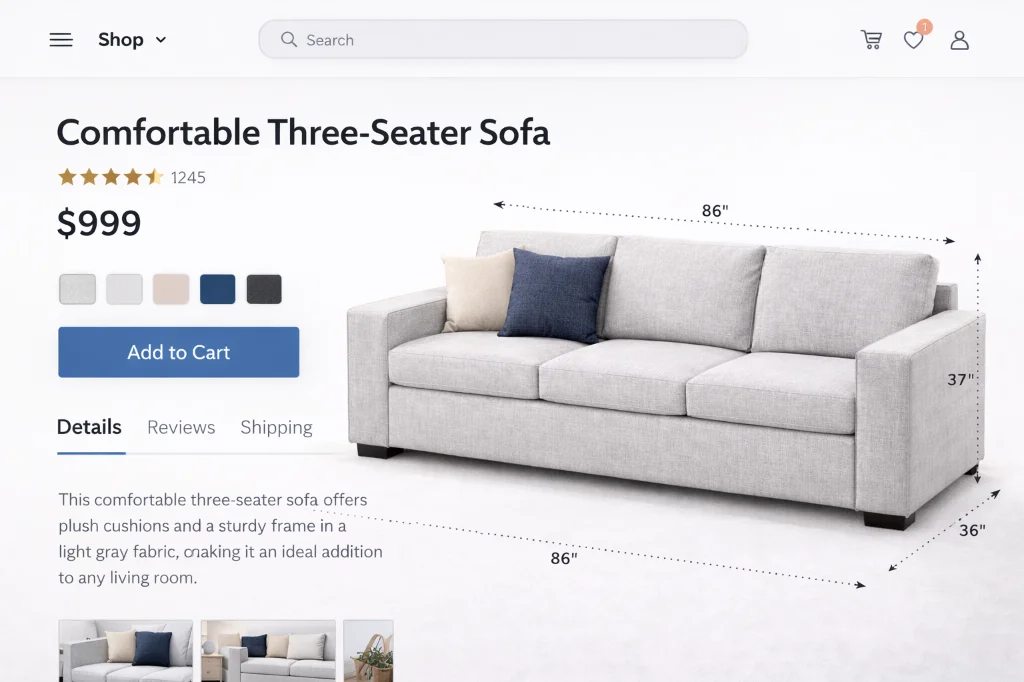 Split screen comparison of online furniture rendering vs real life delivery