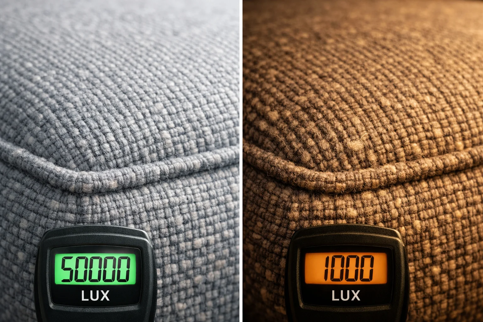 Fabric swatch comparison showing color and texture changes under high-lux studio light versus low-lux home light