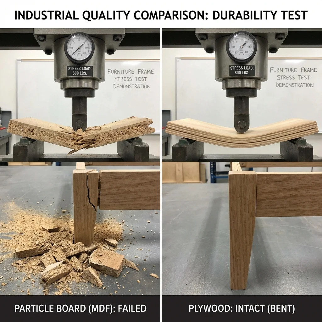 Chart comparing the breaking strength of Particle Board vs Solid Pine vs Plywood