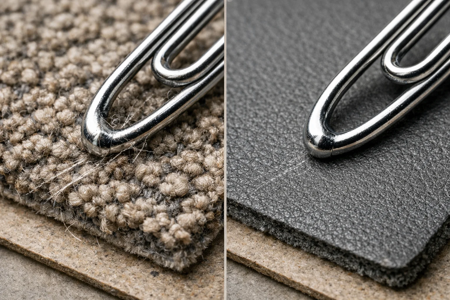 Close-up of a paperclip tip gliding on smooth upholstery versus catching on a textured swatch