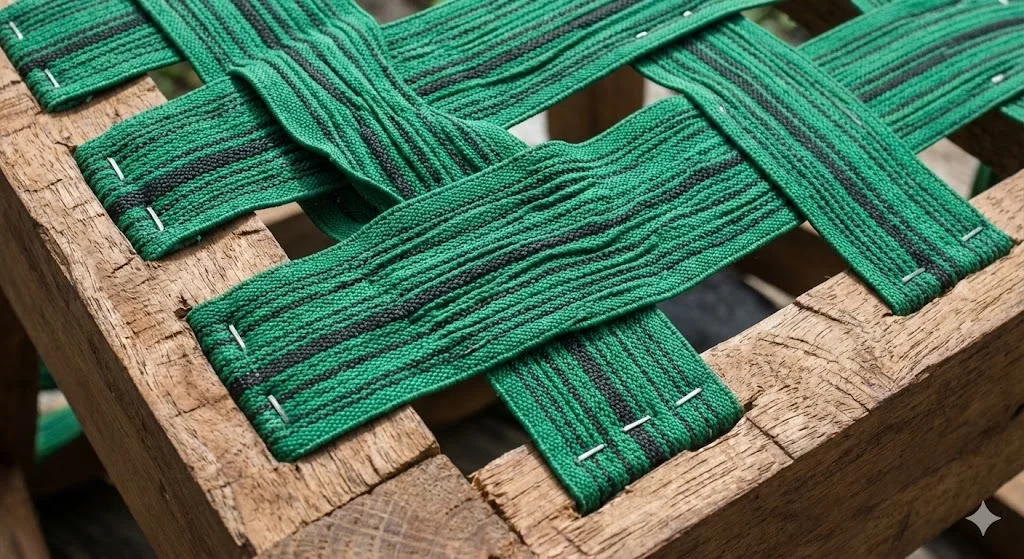Close-up of high-quality Pirelli rubber webbing installed on a frame