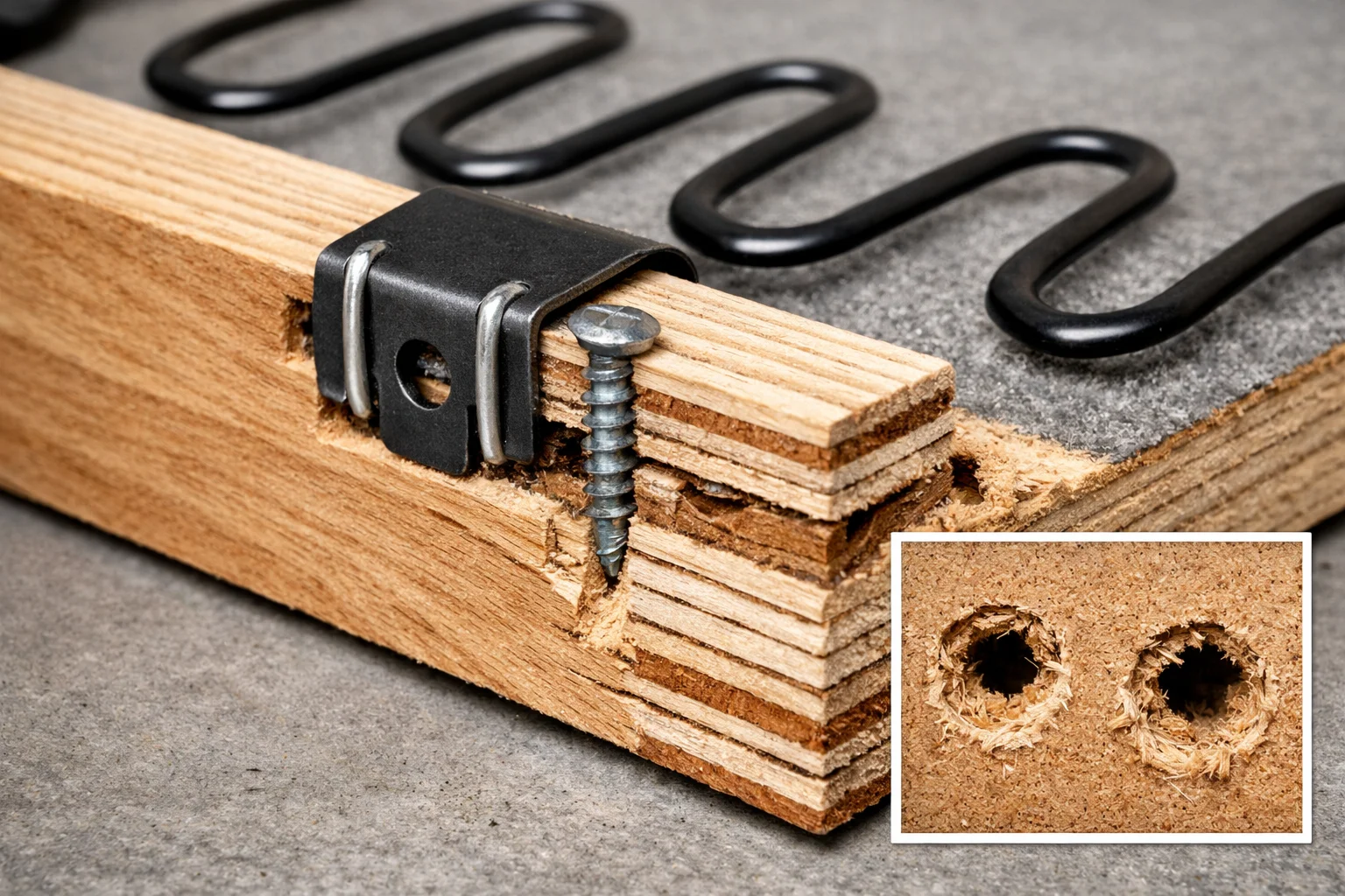 Cutaway of seat suspension fasteners gripping into layered plywood rail in a sofa frame