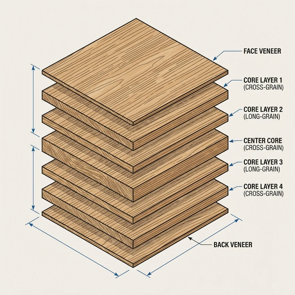 Diagram comparing the grain direction of solid wood vs cross-laminated plywood