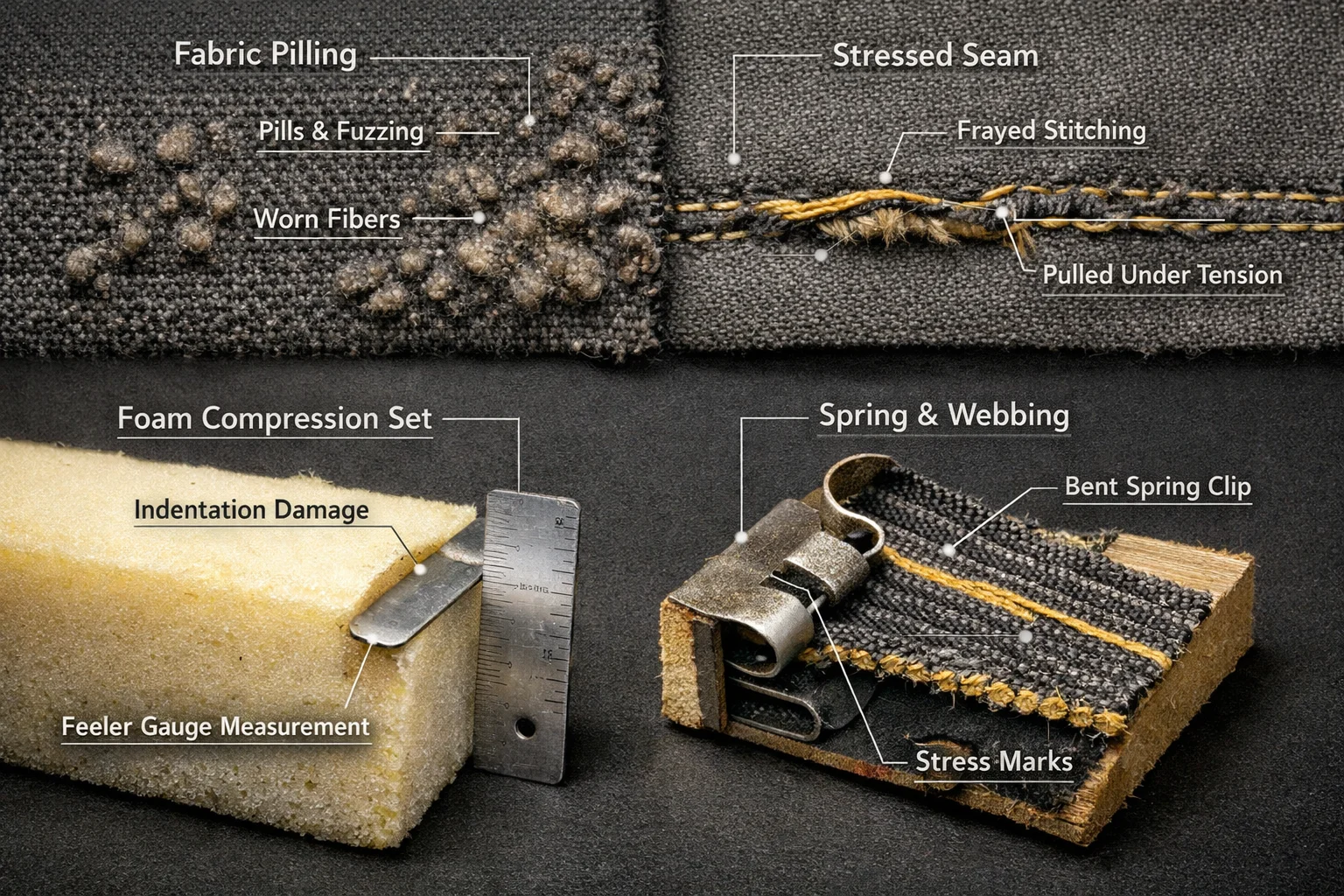 Close-up wear indicators like fabric pilling, seam stress, and foam compression set that explain why expensive sofas can age quickly