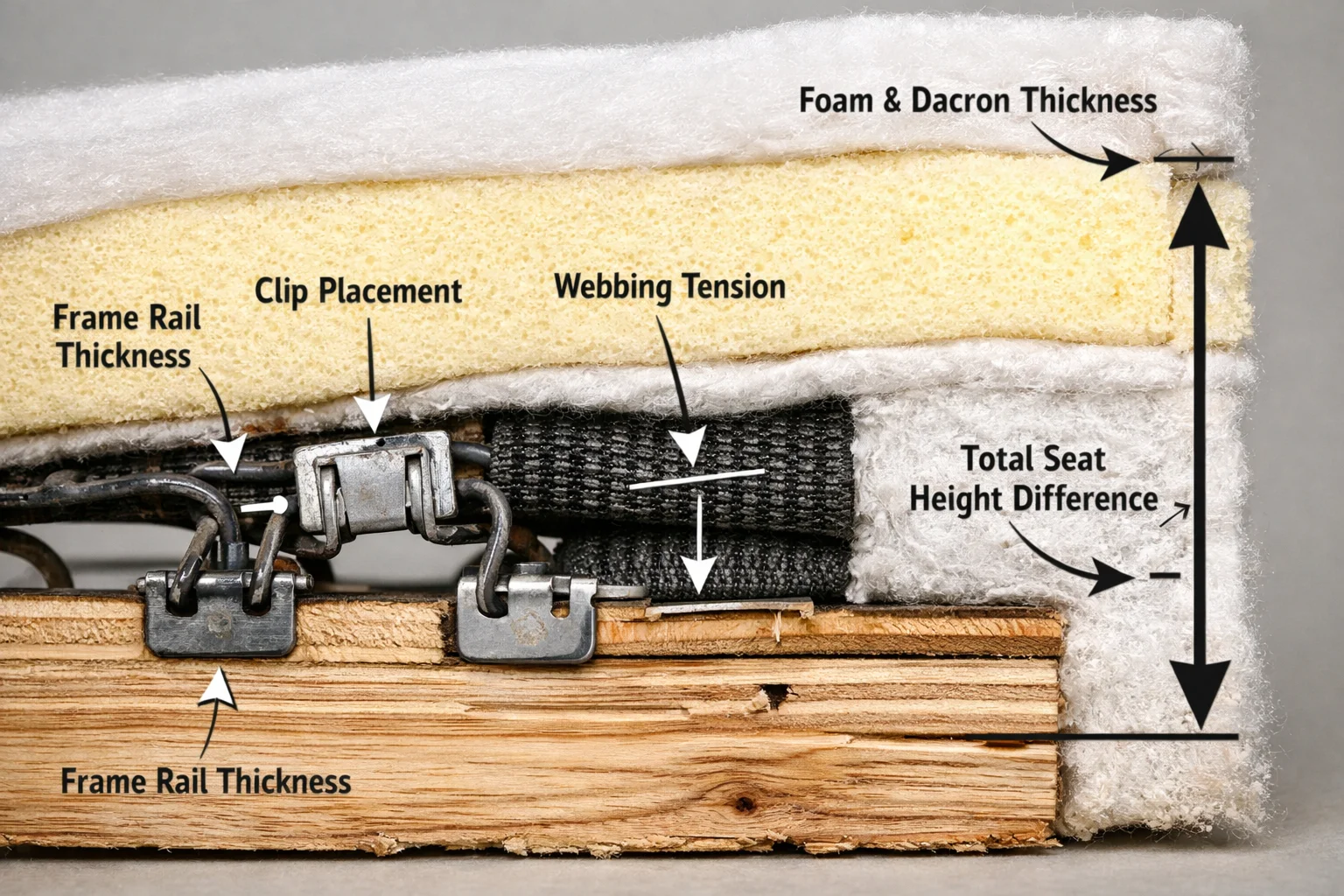 Cutaway seat cross-section highlighting small dimensional offsets in frame, suspension mounts, and foam layers that add up to an uneven seat height
