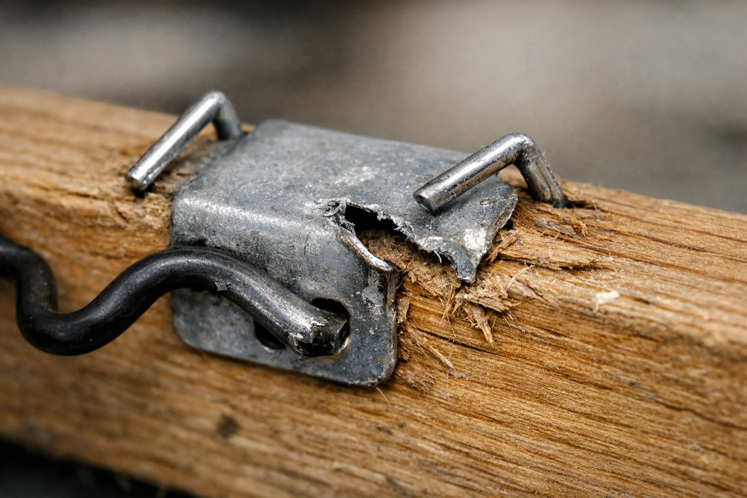 Close-up of a sofa spring clip tearing out of the wooden rail with angled staples and cracked grain