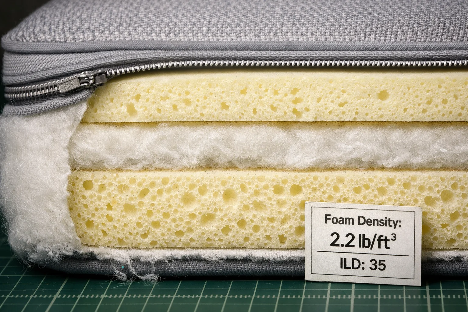 Cushion cross-section displaying fabric, Dacron wrap, foam layers, zipper seam, and a density/ILD label
