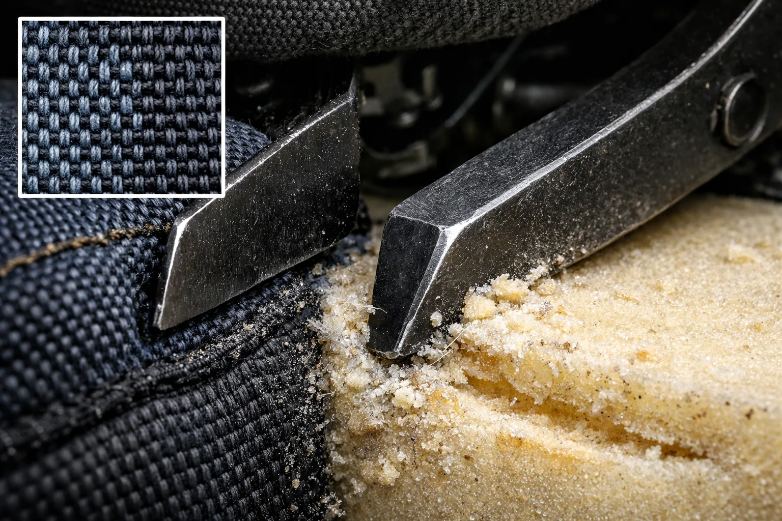 Underside view of recliner foam showing abrasion from the steel scissor mechanism and the protective denim or mesh barrier layer