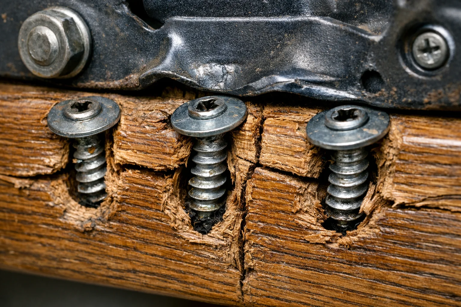 Close-up of a recliner mechanism tearing out of a wooden frame rail with loosened screws and cracked wood